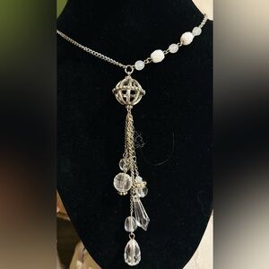 Women’s Silver-Tone Beaded Tassel Necklace - Clear Crystal Accents